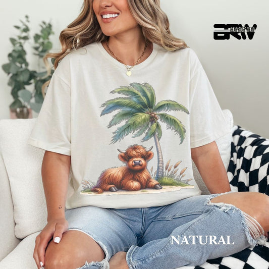 'Highland Cow-Palm Tree' 2 Summer Tee