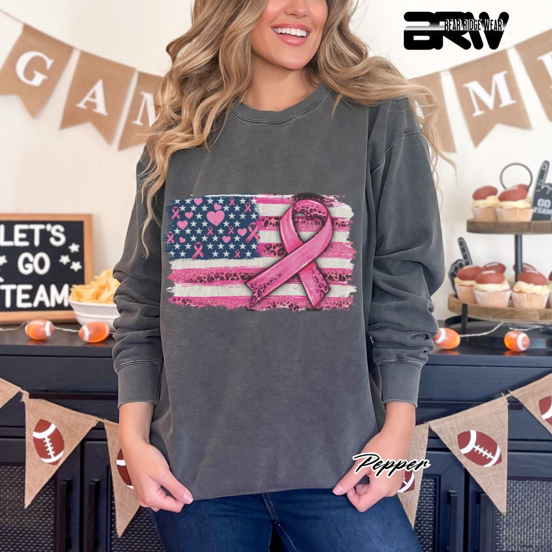 'USA Flag With Pink Ribbon' Awareness Long Sleeve Tee
