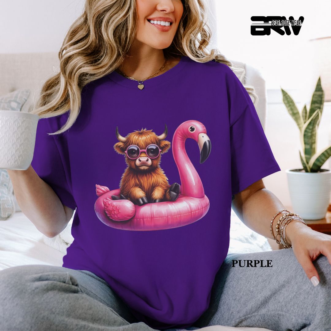 'Highland Cow- Flamingo Float' 3 Summer Tee