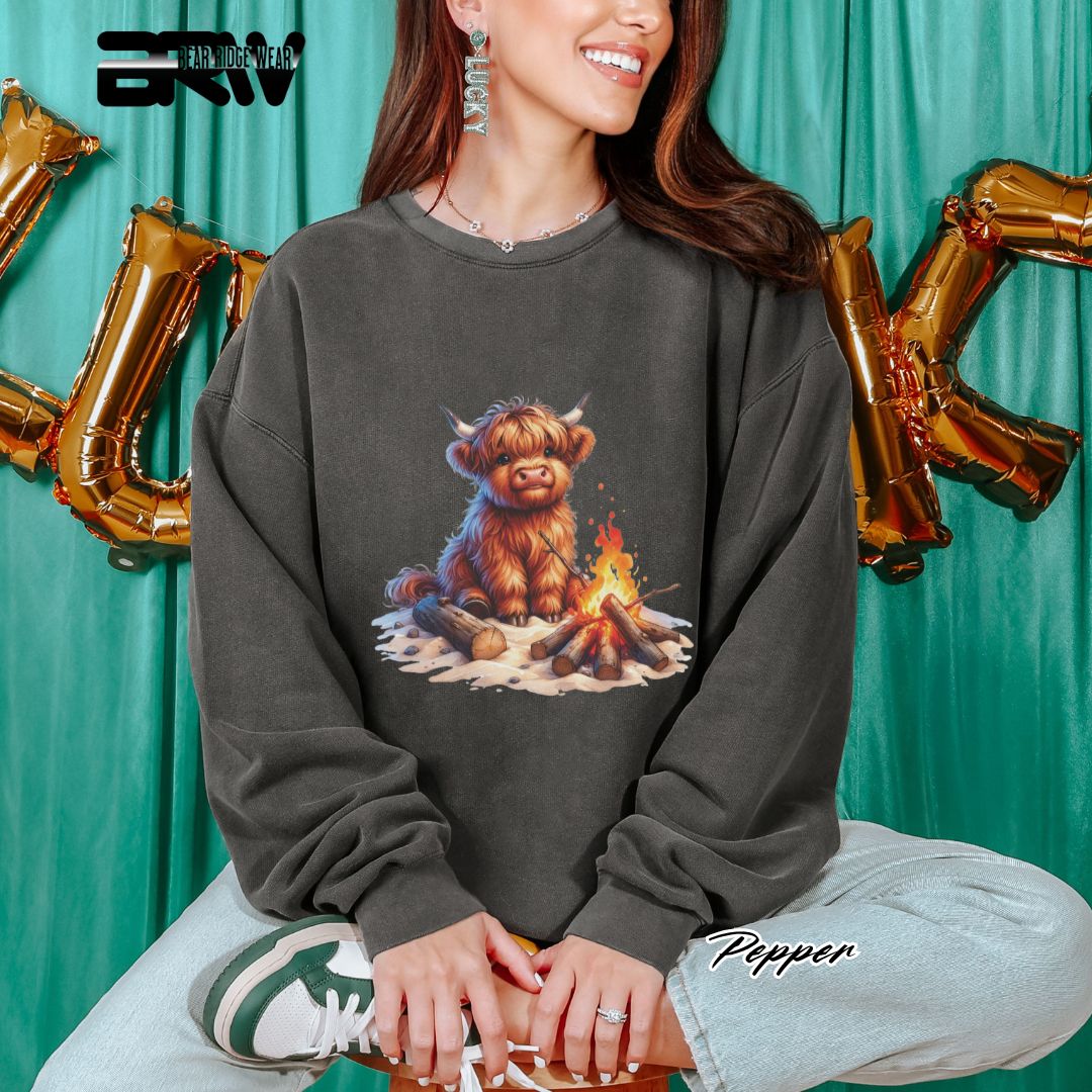 'Highland Cow-Bonfire' Black Summer Long Sleeve Tee