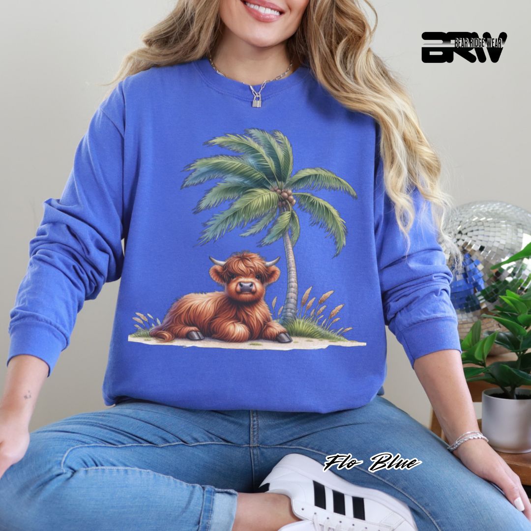 'Highland Cow- Palm Tree' Summer Long Sleeve Tee