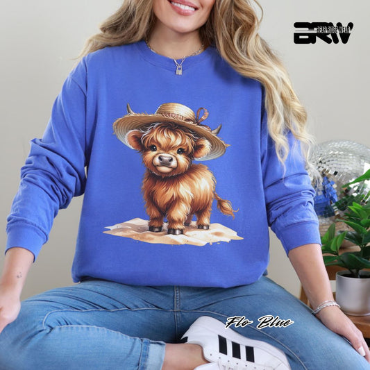'Highland Cow-Sun Hat' Summer Long Sleeve Tee