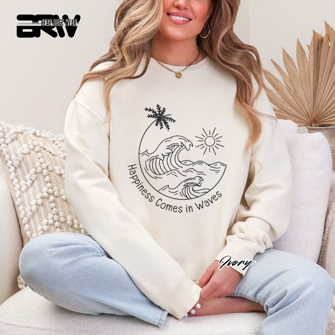 'Happiness Comes In Waves' Black Summer Crewneck Sweatshirt