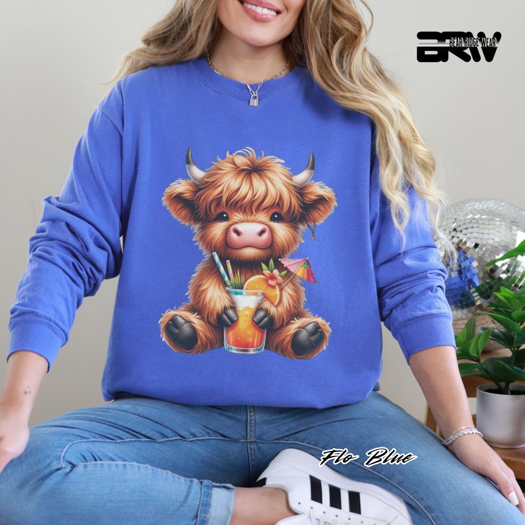 'Highland Cow- Tropical Drink' Summer Long Sleeve Tee