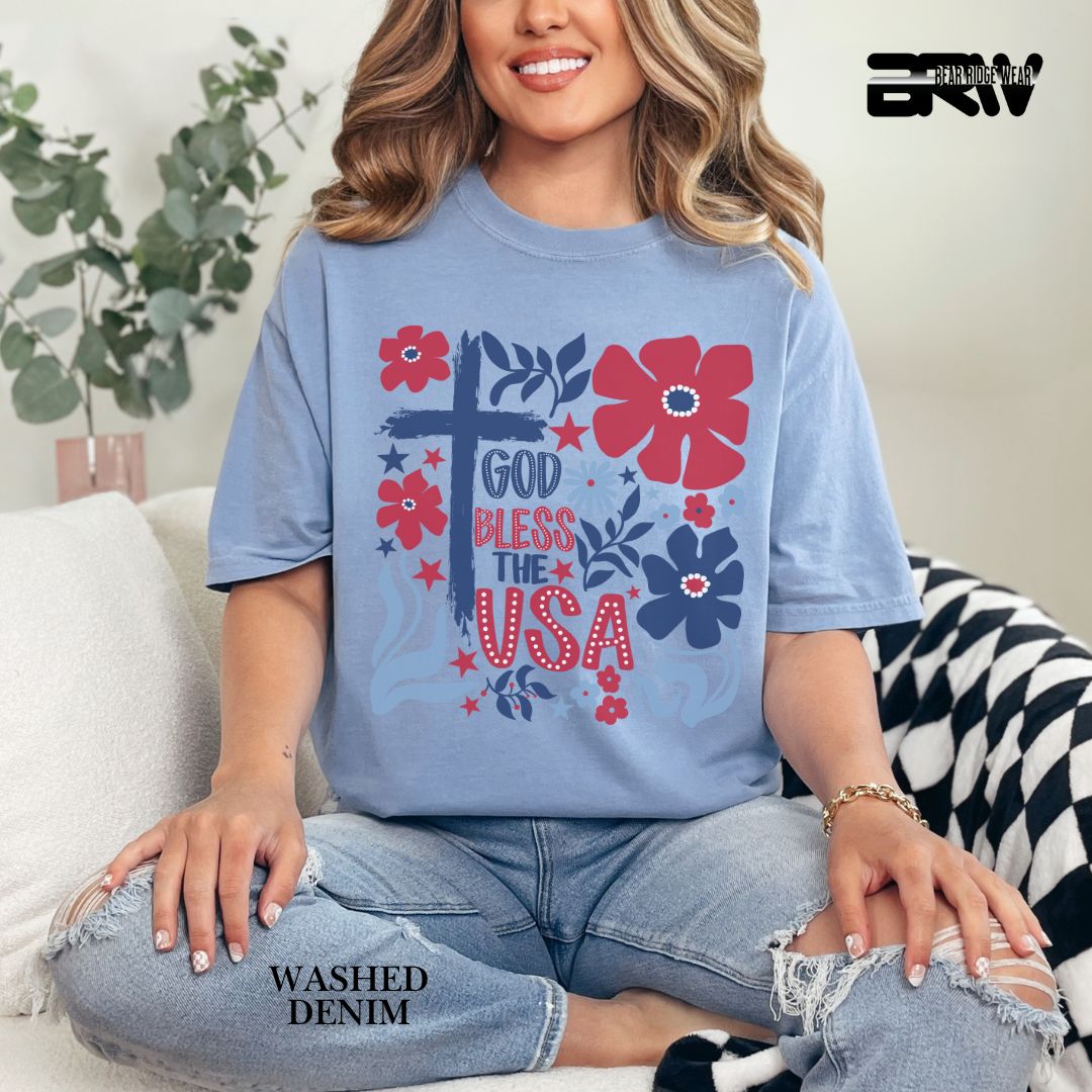God Bless The USA-Cross Flowers- Patriotic Tee