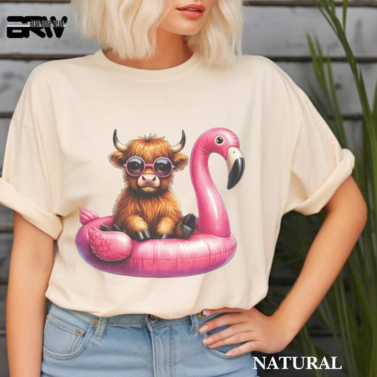 'Highland Cow- Flamingo Float' 2 Summer Tee