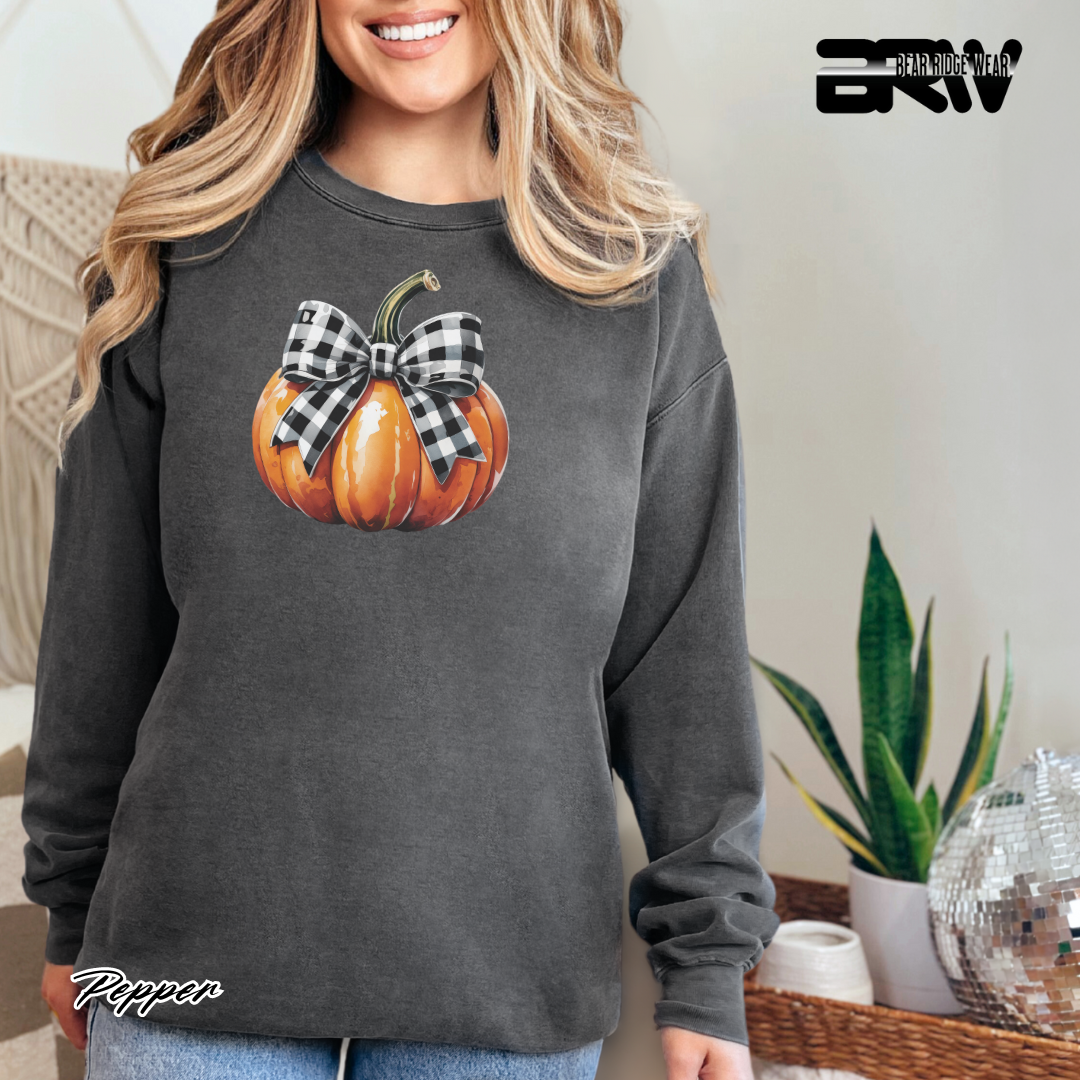 'Pumpkin With plaid Bow' Fall Long Sleeve Tee