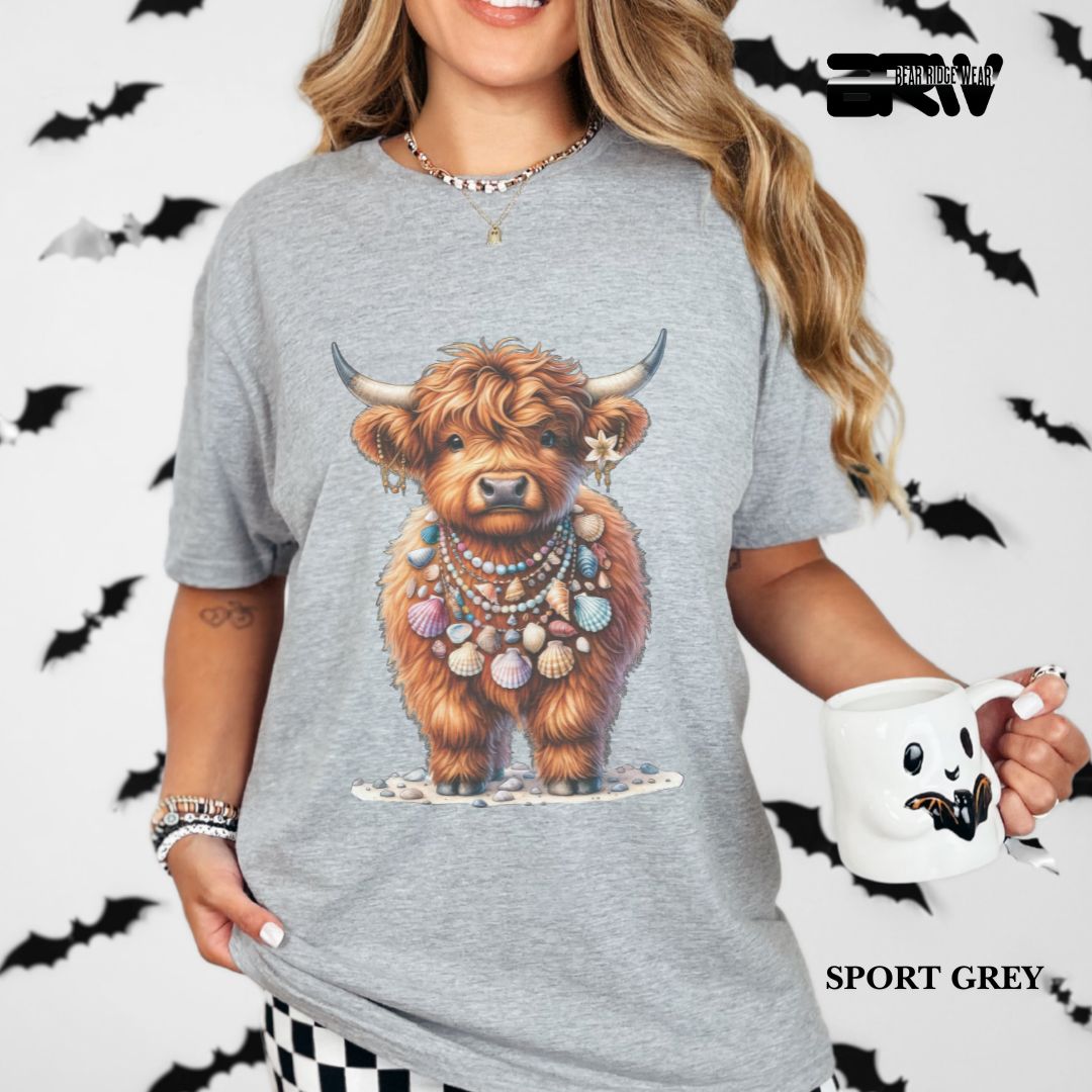 'Highland Cow-Lei Sea Shells' 3 Summer Tee