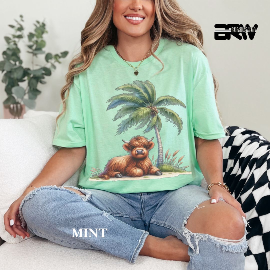 'Highland Cow-Palm Tree' 2 Summer Tee