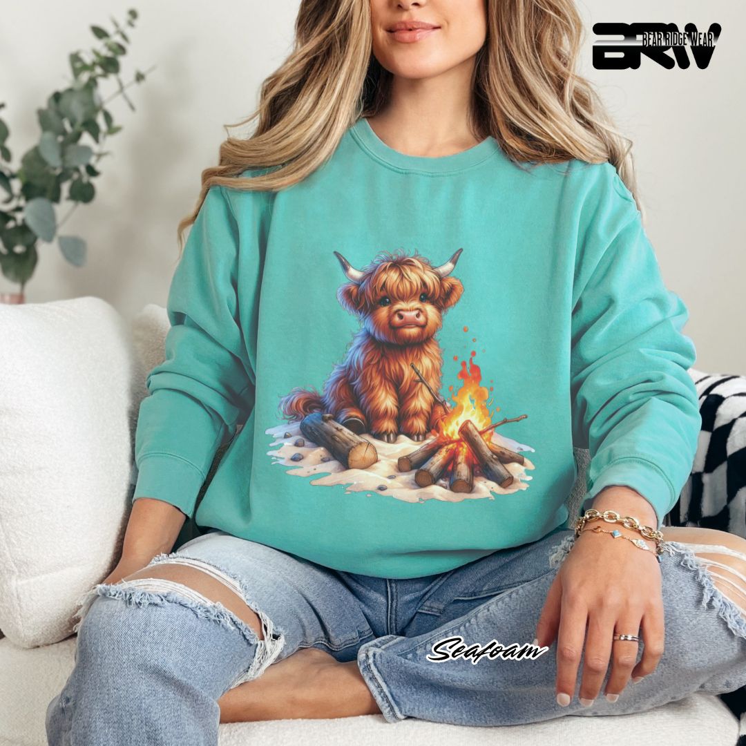 'Highland Cow-Bonfire' Black Summer Long Sleeve Tee