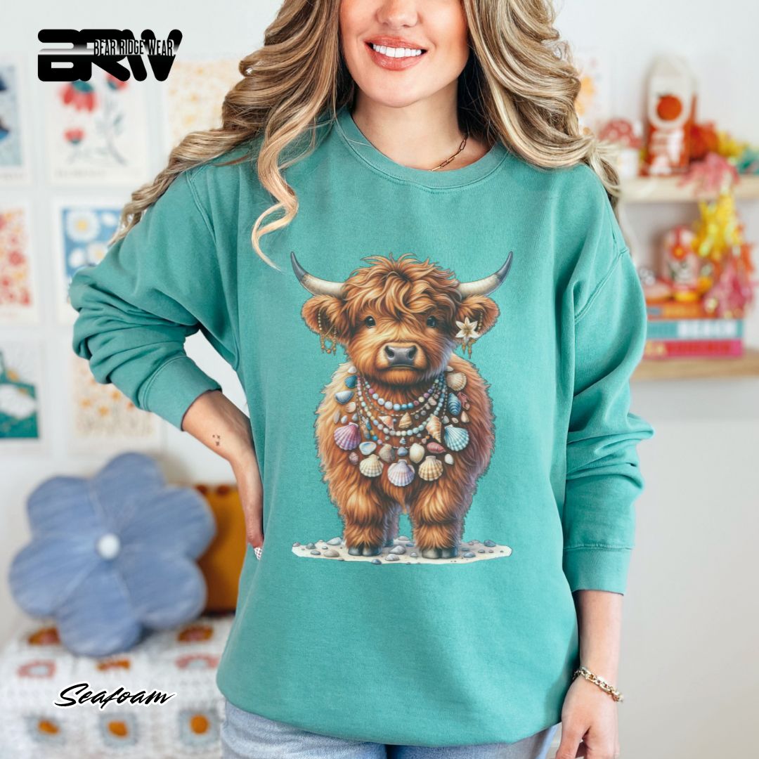 'Highland Cow-Lei-Sea Shells' Summer Crewneck Sweatshirt