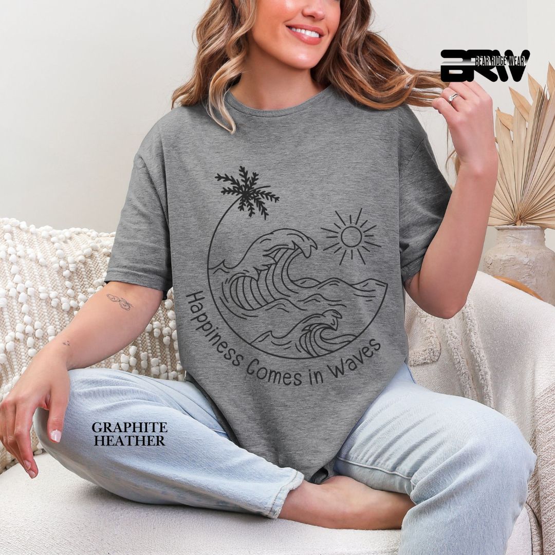 'Happiness Comes In Waves' Black Color 2 Summer Tee