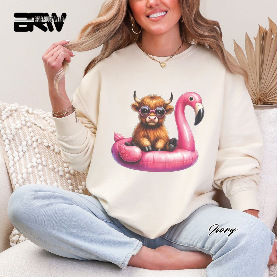 'Highland Cow-Flamingo Float'  Summer Crewneck Sweatshirt