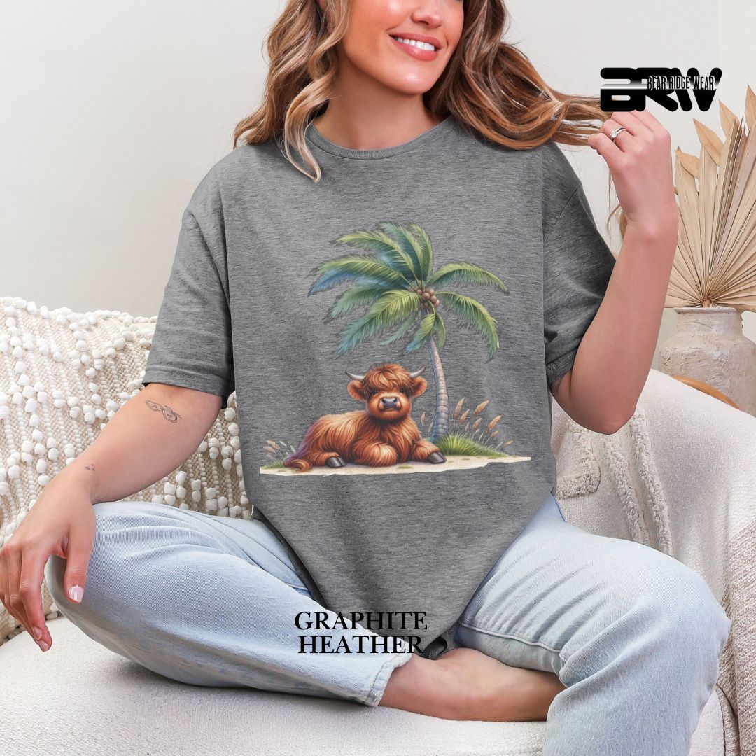 'Highland Cow-Palm Tree' 2 Summer Tee