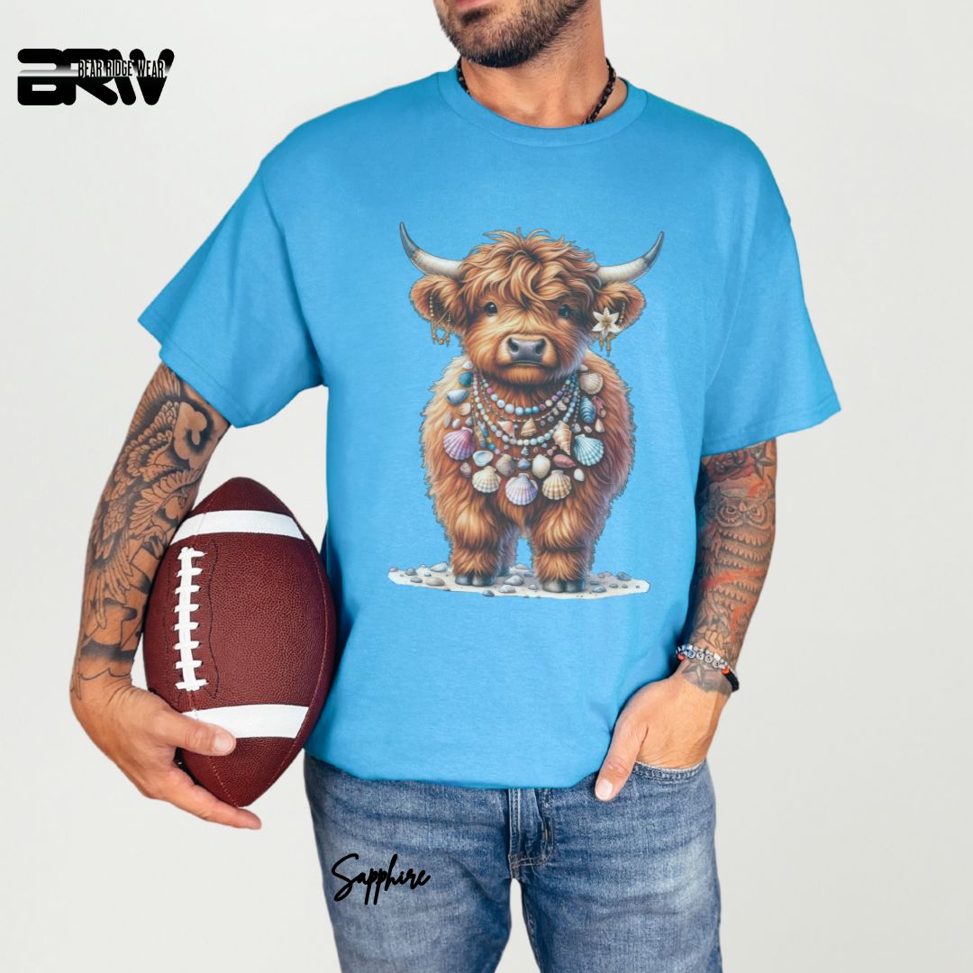 'Highland Cow-Lei Sea Shells' Summer T- Shirt