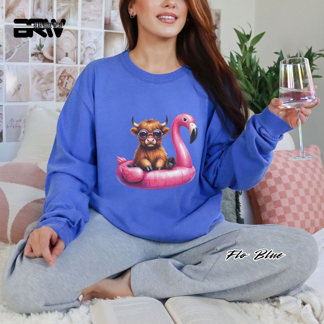 'Highland Cow Beach-Flamingo Float' Summer Long Sleeve Tee