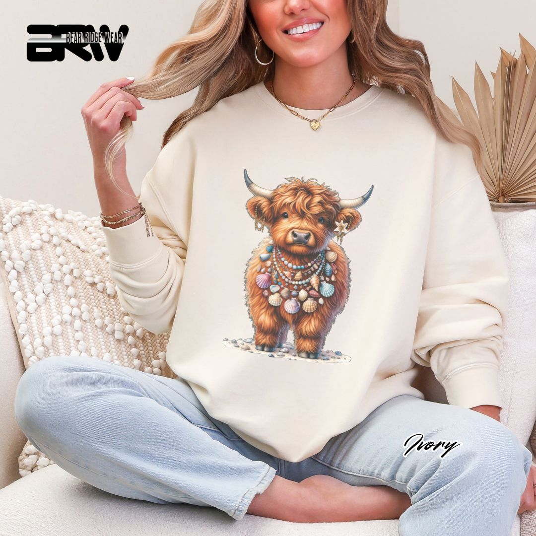 'Highland Cow-Lei-Sea Shells' Summer Crewneck Sweatshirt