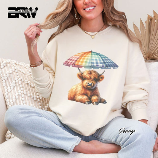 'Highland Cow-Umbrella' Summer Crewneck Sweatshirt