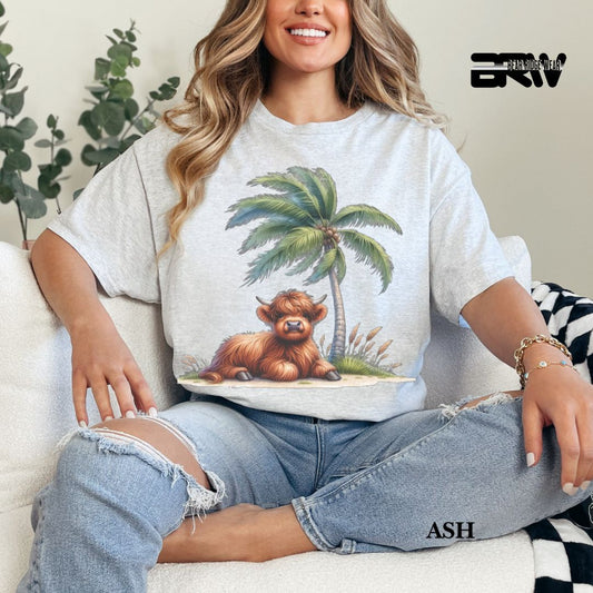 'Highland Cow-Palm Tree' 3 Summer Tee