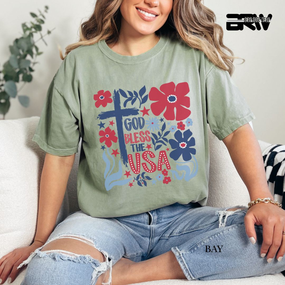 God Bless The USA-Cross Flowers- Patriotic Tee