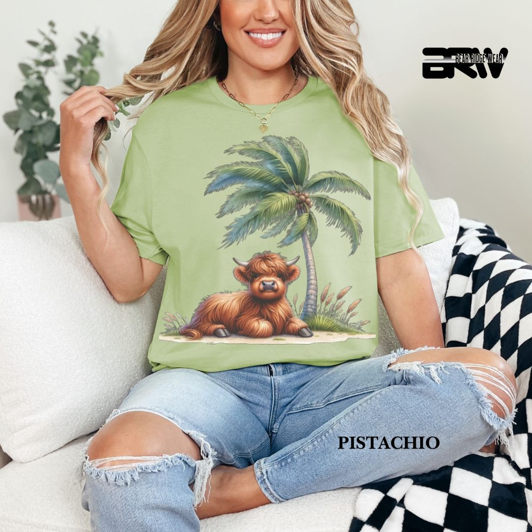 'Highland Cow-Palm Tree' 2 Summer Tee