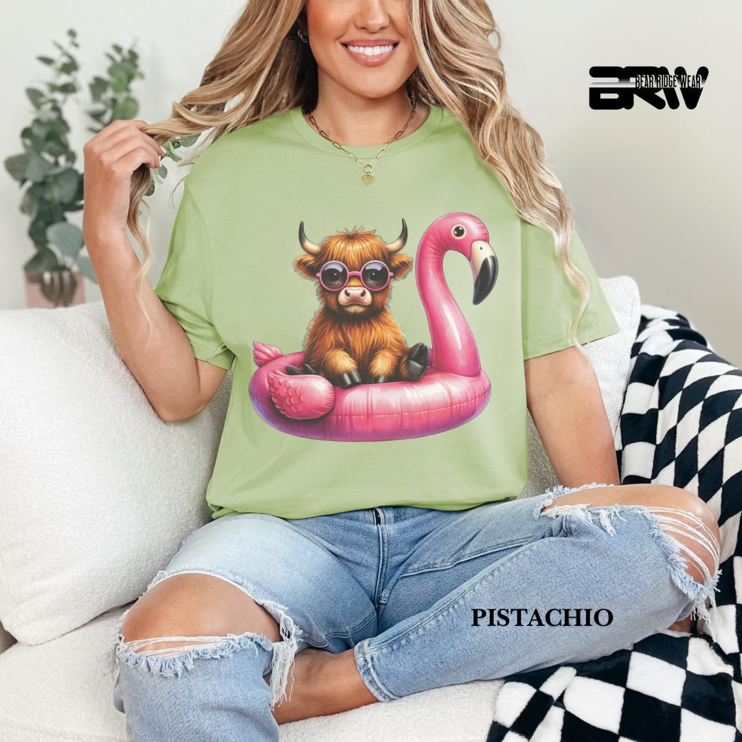 'Highland Cow- Flamingo Float' 2 Summer Tee