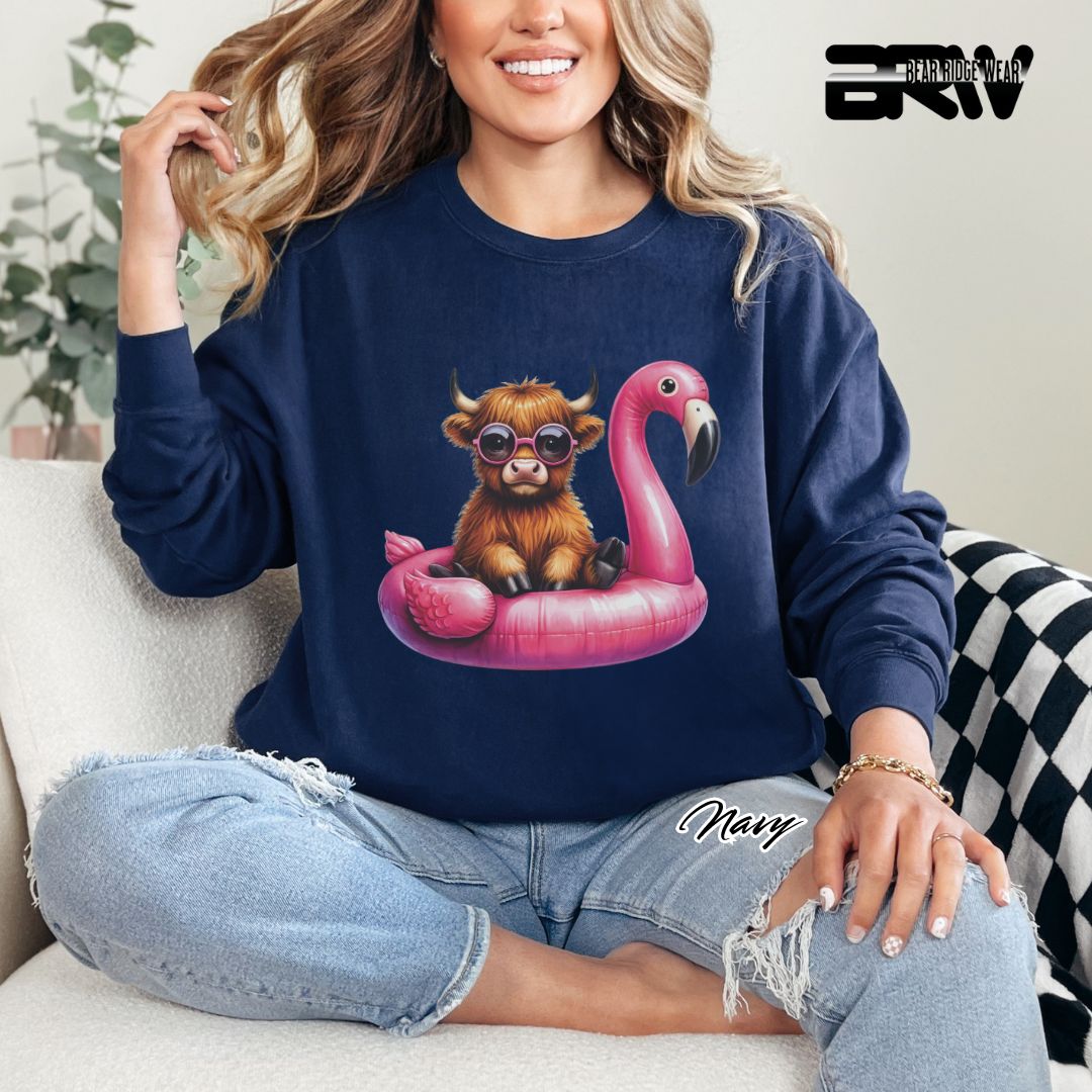 'Highland Cow-Flamingo Float'  Summer Crewneck Sweatshirt