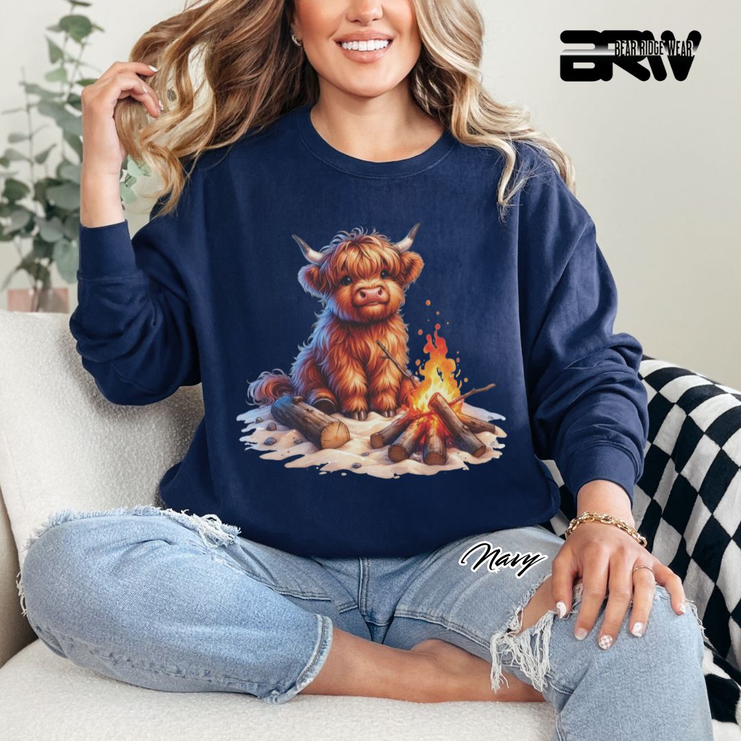 'Highland Cow-Bonfire' Black Summer Long Sleeve Tee