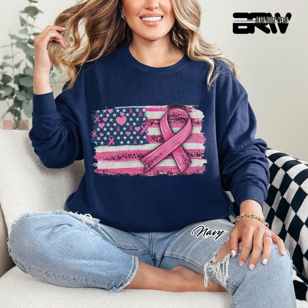 'USA Flag With Pink Ribbon' Awareness Long Sleeve Tee