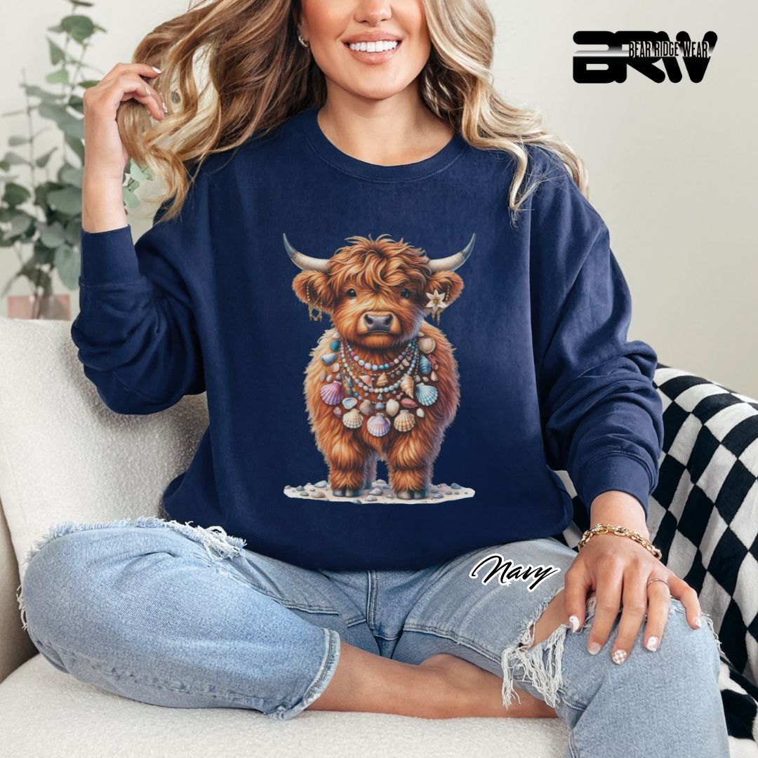 'Highland Cow-Lei-Sea Shells' Summer Crewneck Sweatshirt