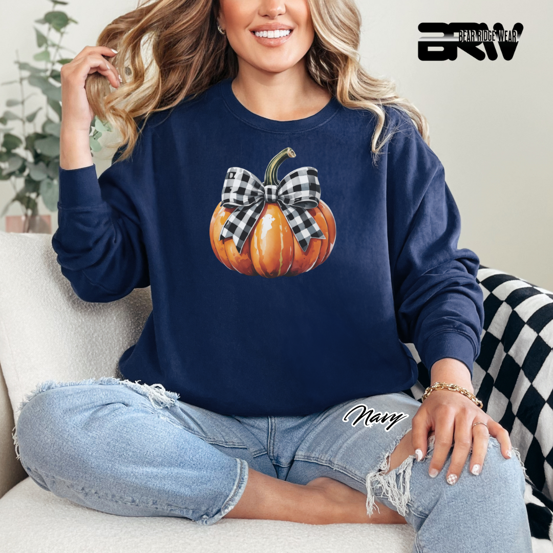 'Pumpkin With plaid Bow' Fall Long Sleeve Tee
