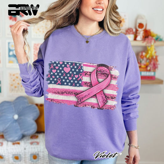 'USA Flag With Pink Ribbon' Awareness Long Sleeve Tee