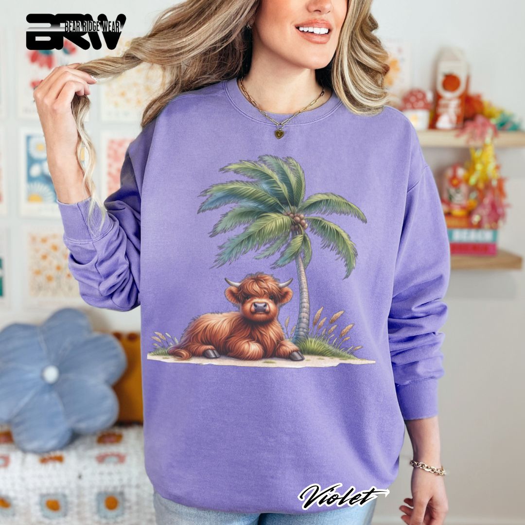 'Highland Cow-Palm Tree' Summer Long Sleeve Tee