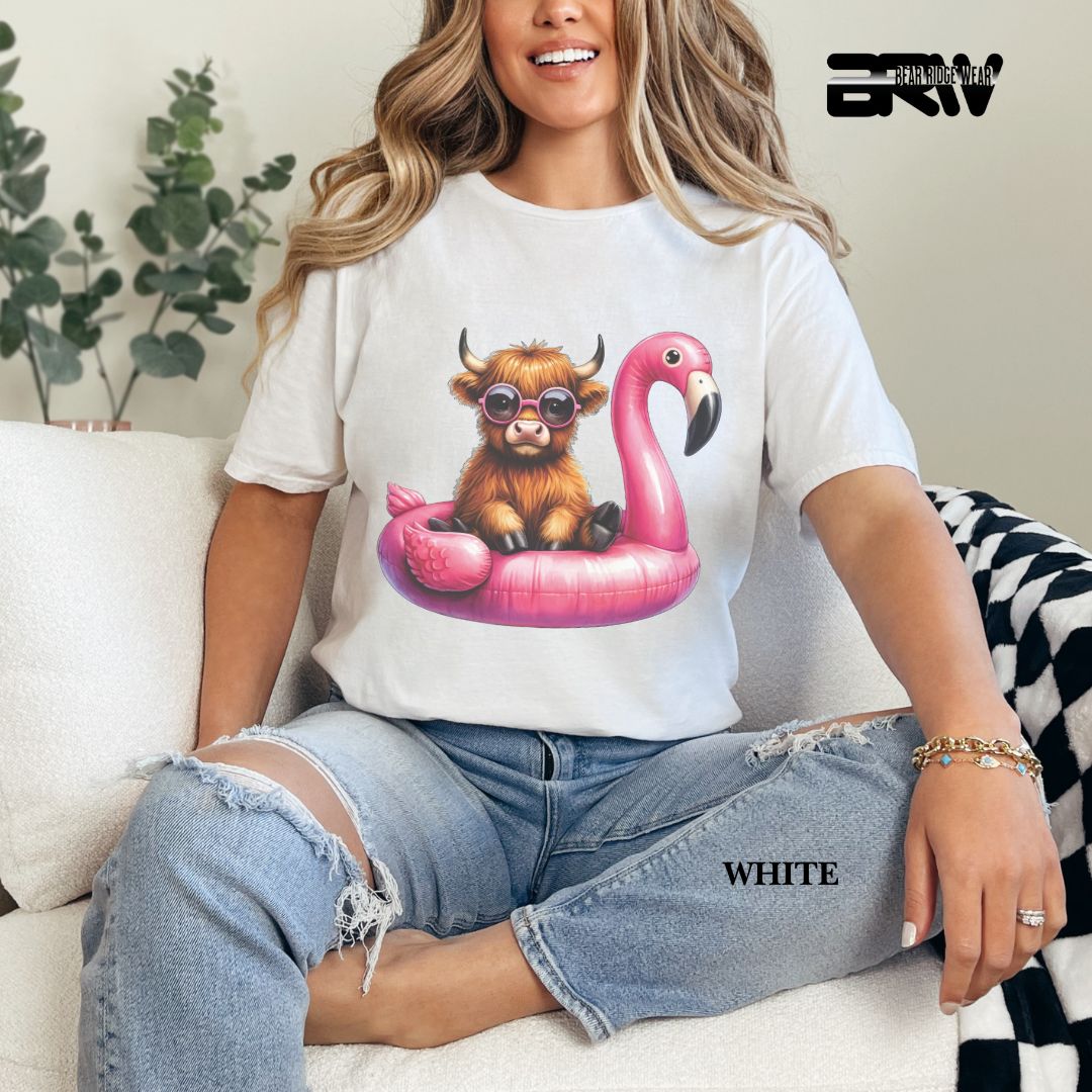 'Highland Cow- Flamingo Float' 3 Summer Tee