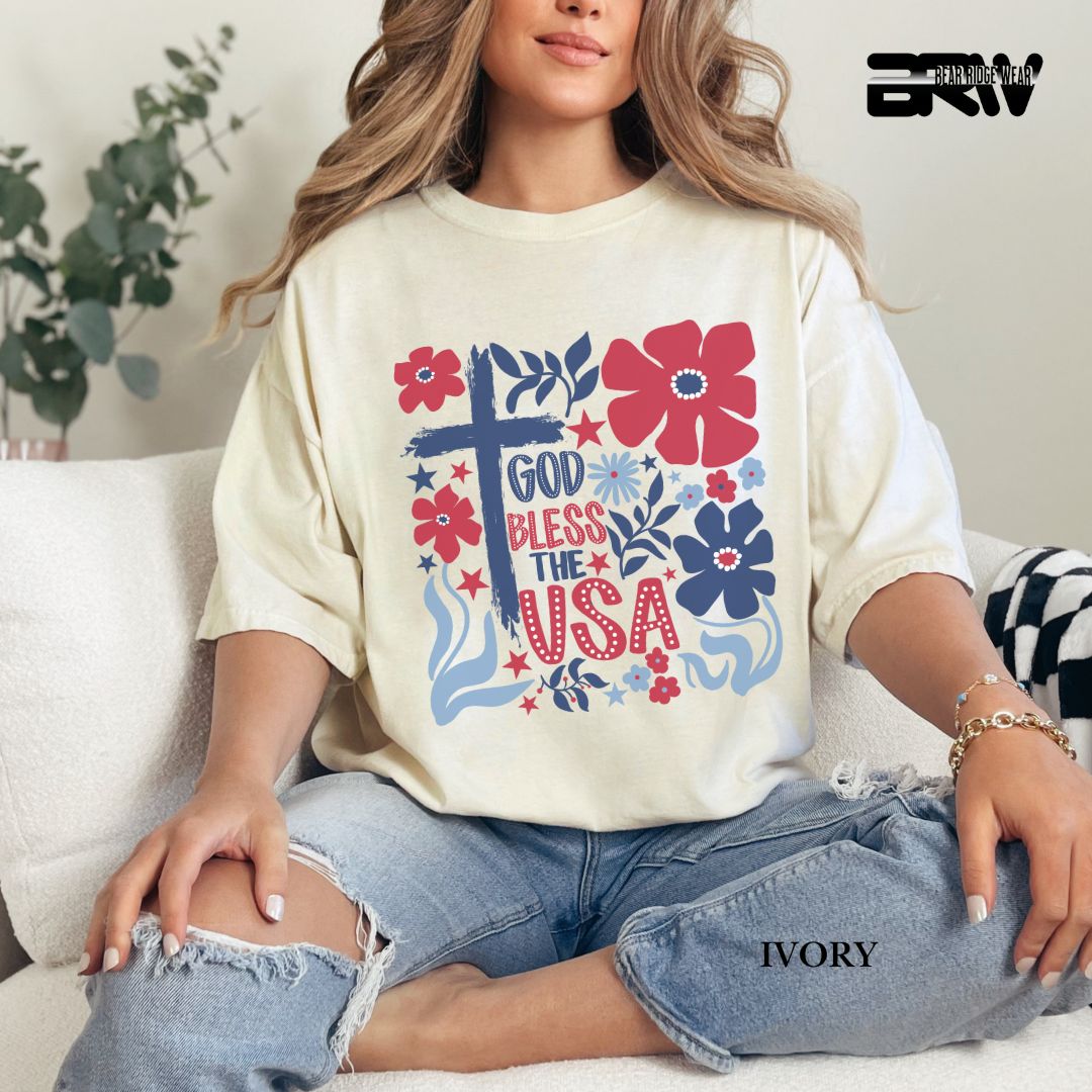 God Bless The USA-Cross Flowers- Patriotic Tee