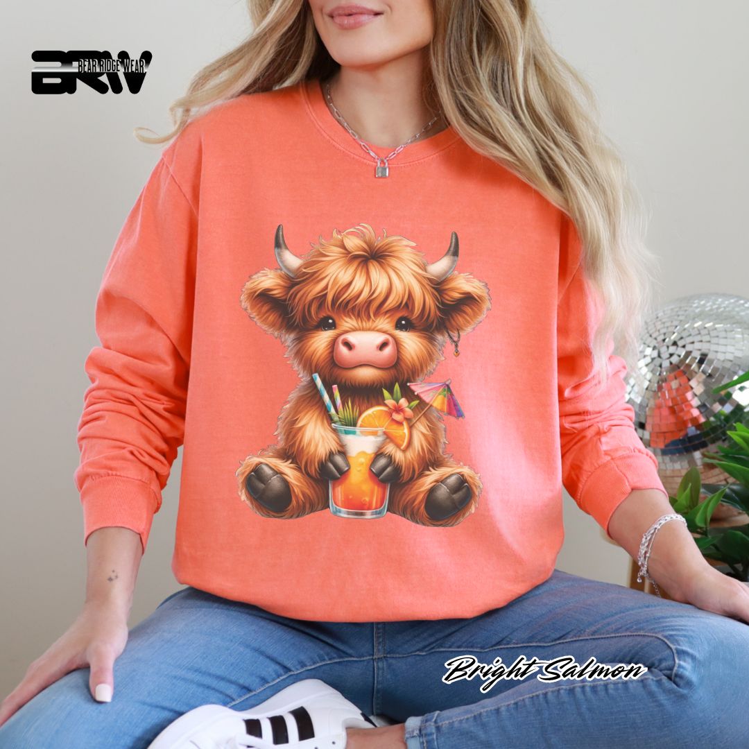 'Highland Cow- Tropical Drink' Summer Long Sleeve Tee