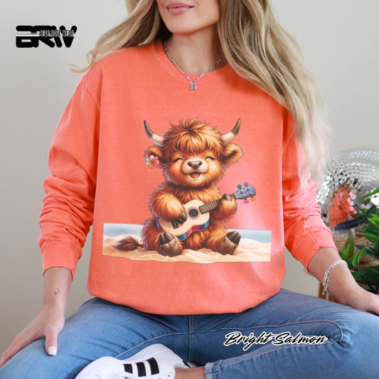 'Highland Cow Beach- Guitar' Summer Long Sleeve Tee