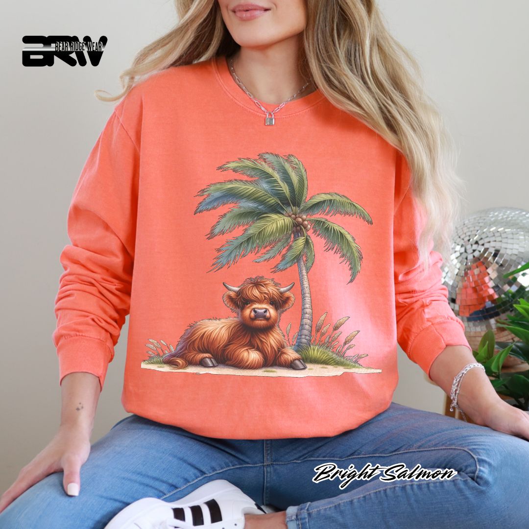 'Highland Cow- Palm Tree' Summer Long Sleeve Tee