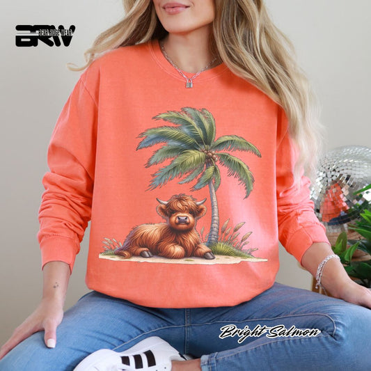 'Highland Cow- Palm Tree' Summer Long Sleeve Tee