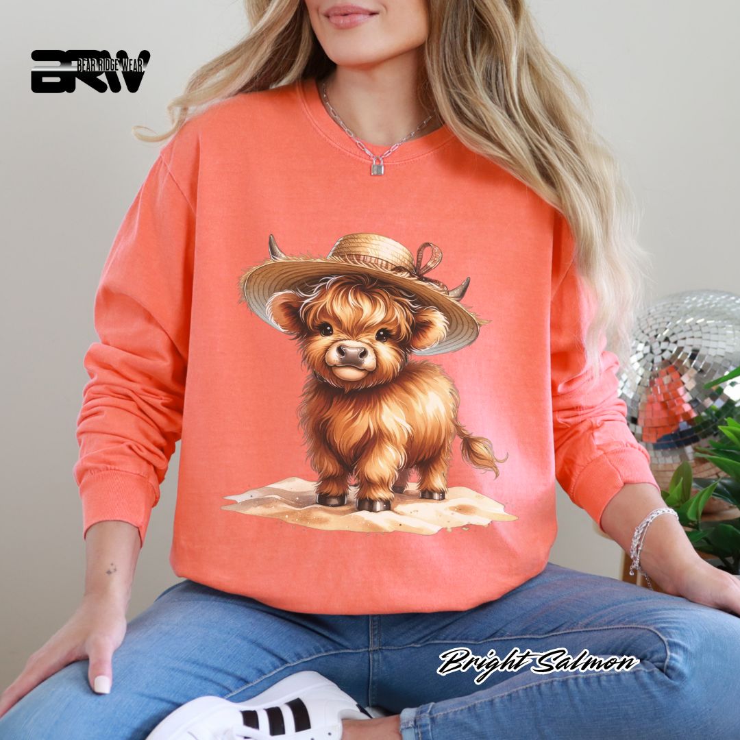 'Highland Cow-Sun Hat' Summer Long Sleeve Tee