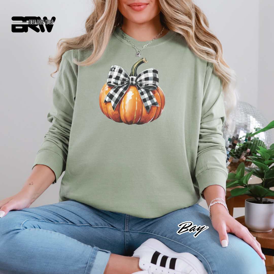 'Pumpkin With Plaid Bow' Fall Long-Sleeve Tee