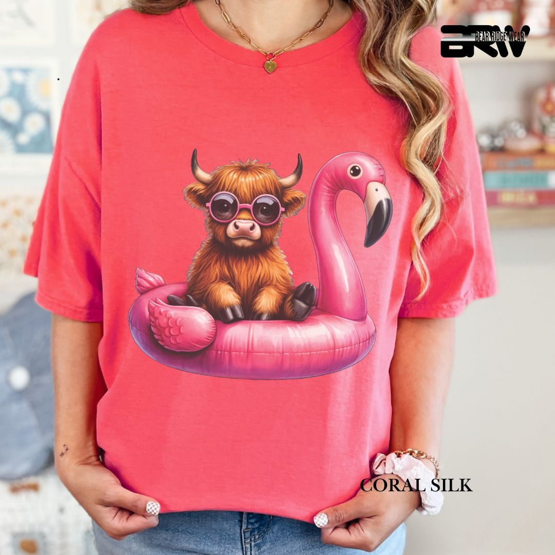 'Highland Cow-Flamingo Float'  Summer Tee