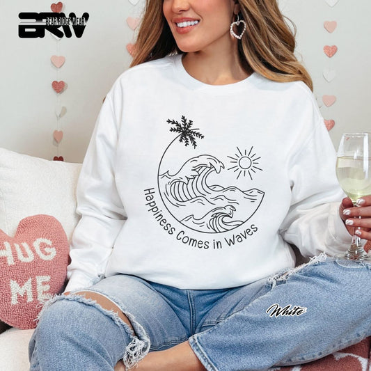 'Happiness Comes In Waves' Black Summer Crewneck Sweatshirt