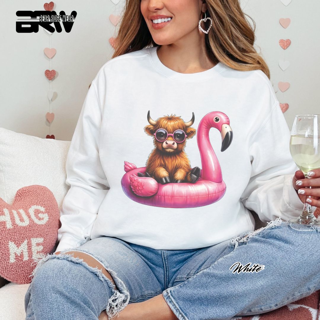 'Highland Cow-Flamingo Float'  Summer Crewneck Sweatshirt