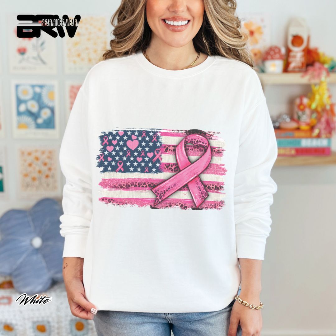 'USA Flag With Pink Ribbon' Awareness Long Sleeve Tee