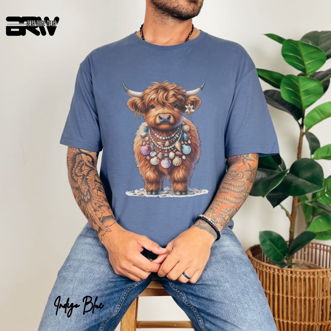 'Highland Cow-Lei Sea Shells' Summer T- Shirt