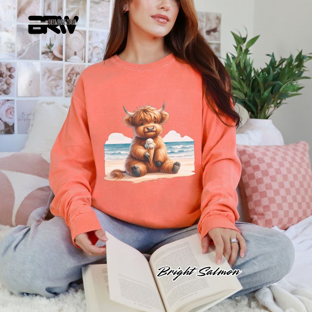 'Highland Cow Beach-Ice Cream' Summer Long Sleeve Tee