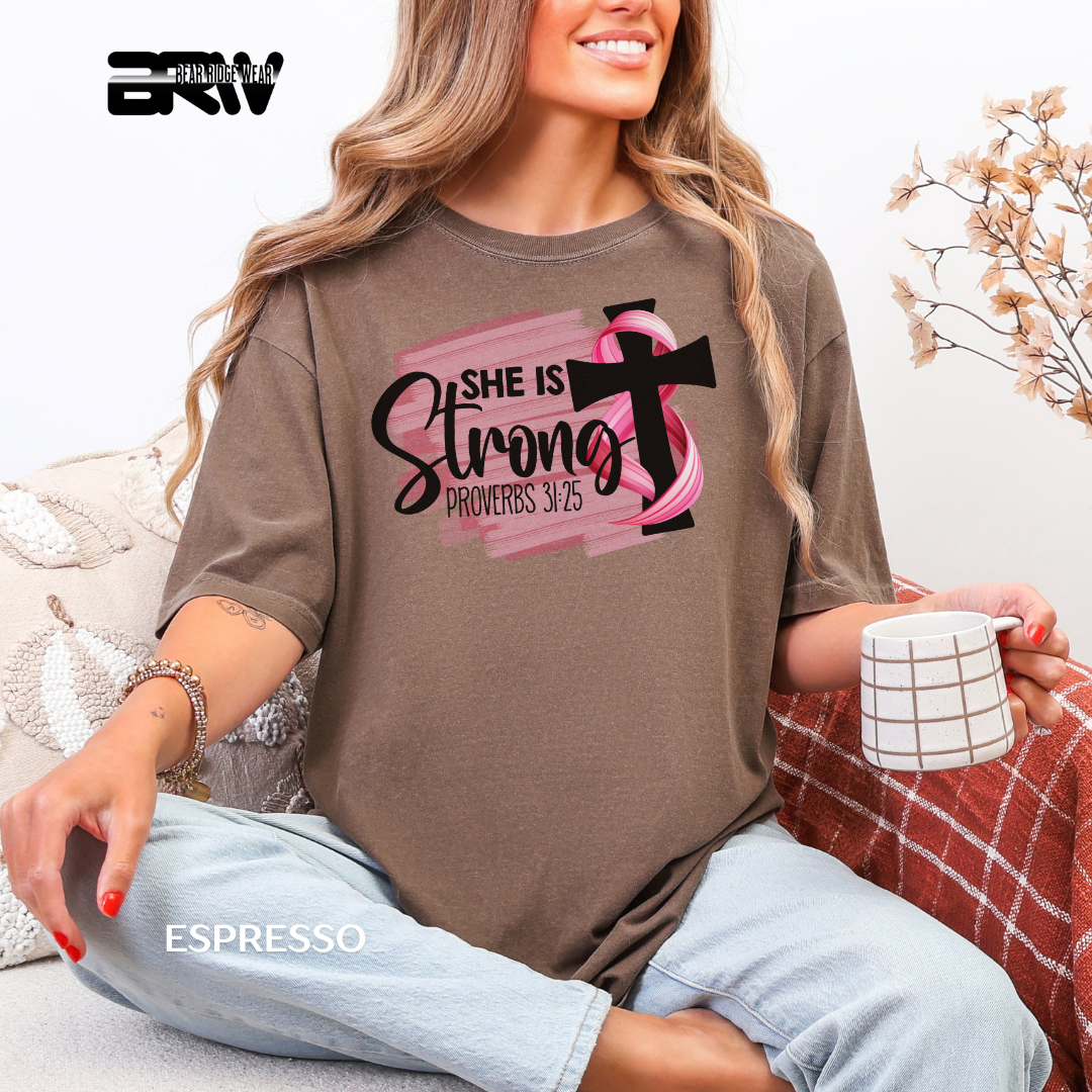 'Breast Cancer She is Strong Proverbs 31:25' Awareness Tee