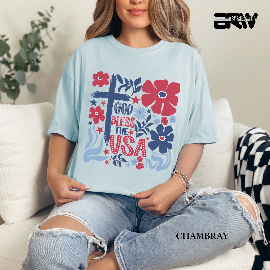 God Bless The USA-Cross Flowers- Patriotic Tee