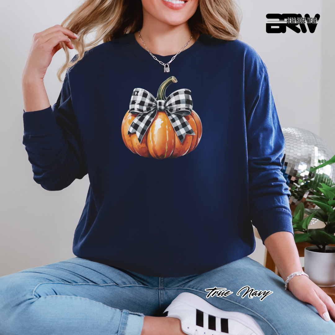 'Pumpkin With Plaid Bow' Fall Long-Sleeve Tee